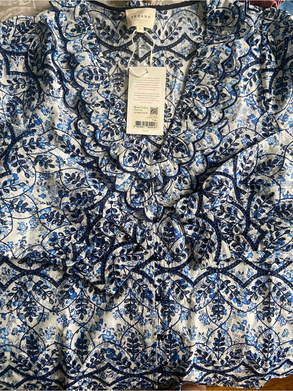Sézane Oceana Blue and White Floral Ruffle Blouse Brand New!!! - Picture 2 of 7